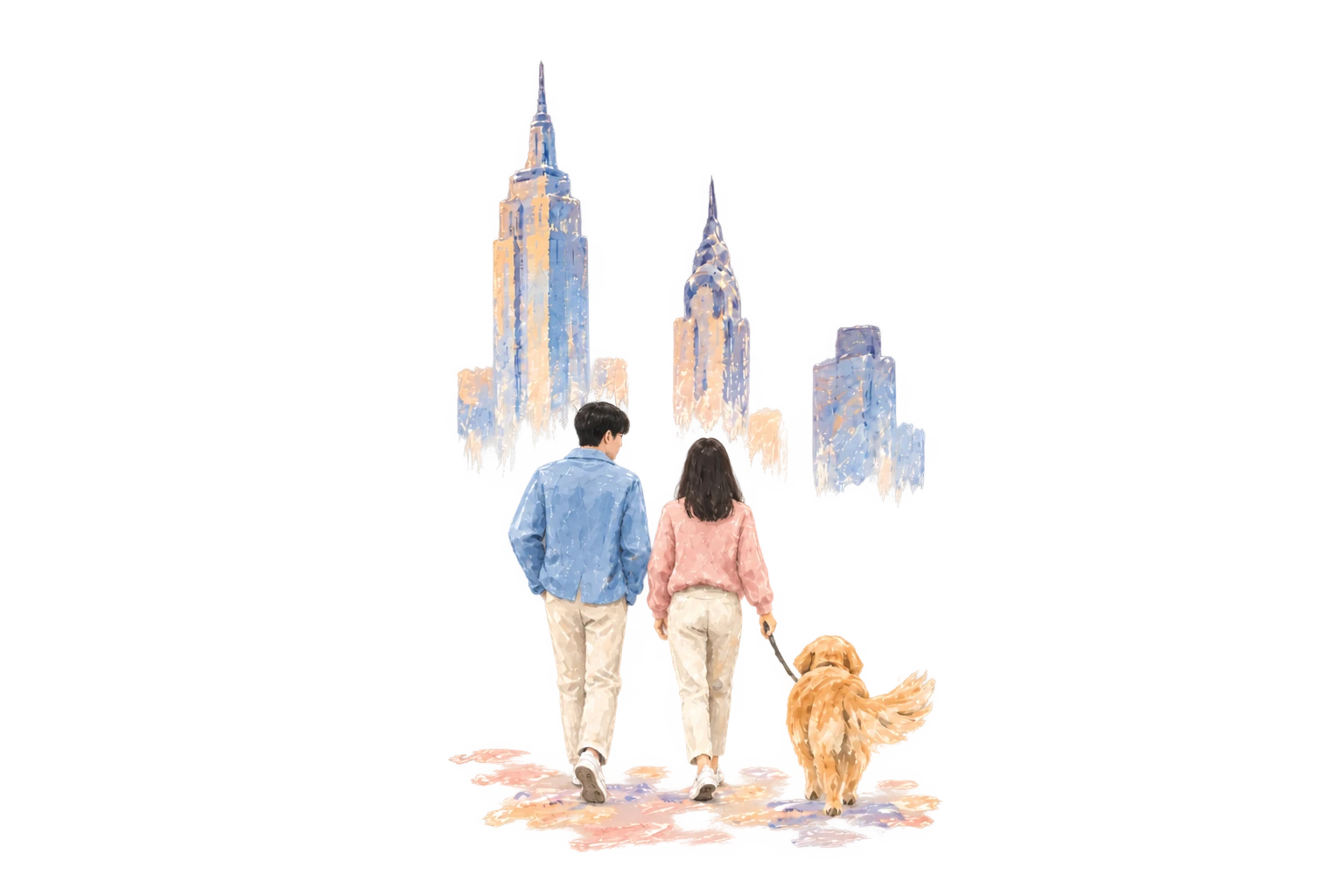 Pastel painting of a couple and their golden retriever walking toward New York City.